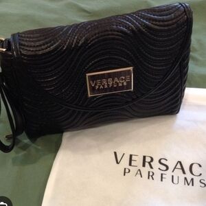 Versace Black Textured Clutch with Wristlet Strap